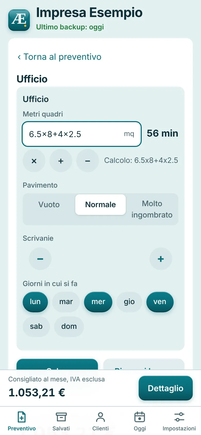 Schermata: misura scritta come calcolo con il risultato in metri quadri