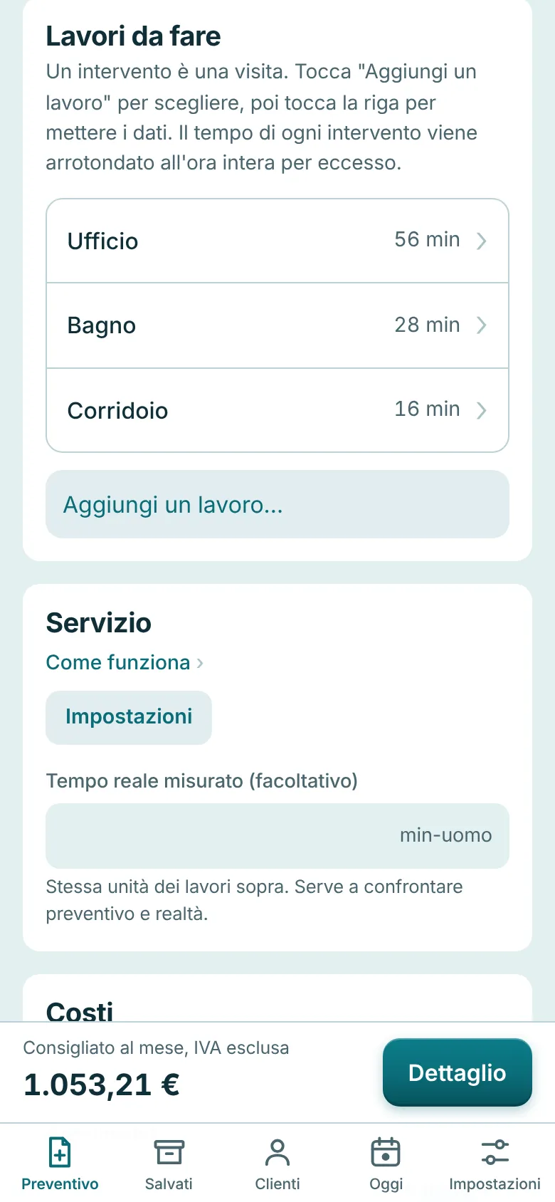Schermata: elenco dei lavori del preventivo con i tempi